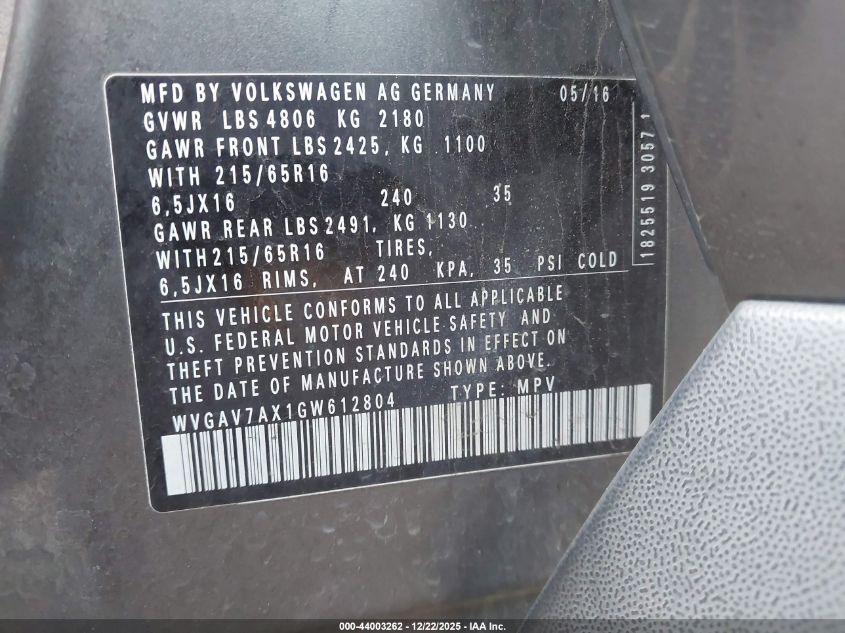 2016 Volkswagen Tiguan S VIN: WVGAV7AX1GW612804 Lot: 44003262
