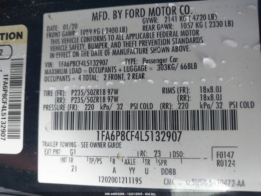 2020 Ford Mustang Gt Fastback VIN: 1FA6P8CF4L5132907 Lot: 44003266