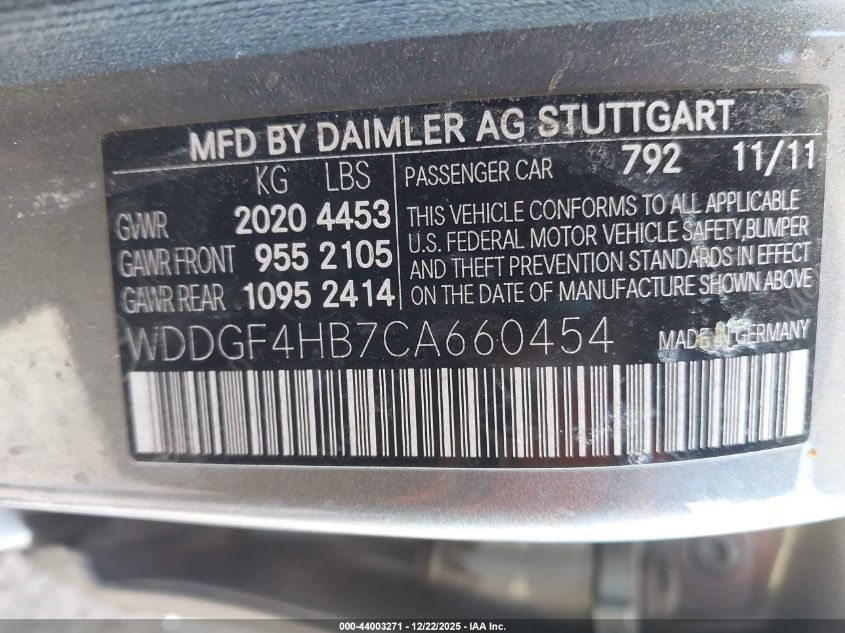 2012 Mercedes-Benz C 250 Luxury/Sport VIN: WDDGF4HB7CA660454 Lot: 44003271