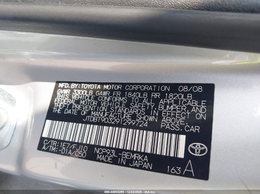 2009 Toyota Yaris VIN: JTDBT903291299724 Lot: 44003299