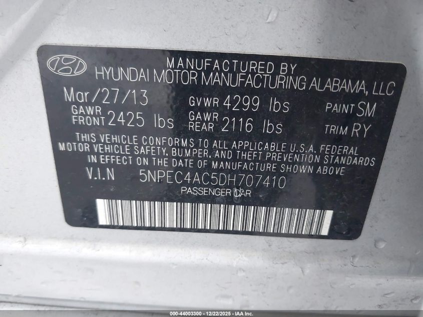 2013 Hyundai Sonata Limited VIN: 5NPEC4AC5DH707410 Lot: 44003300
