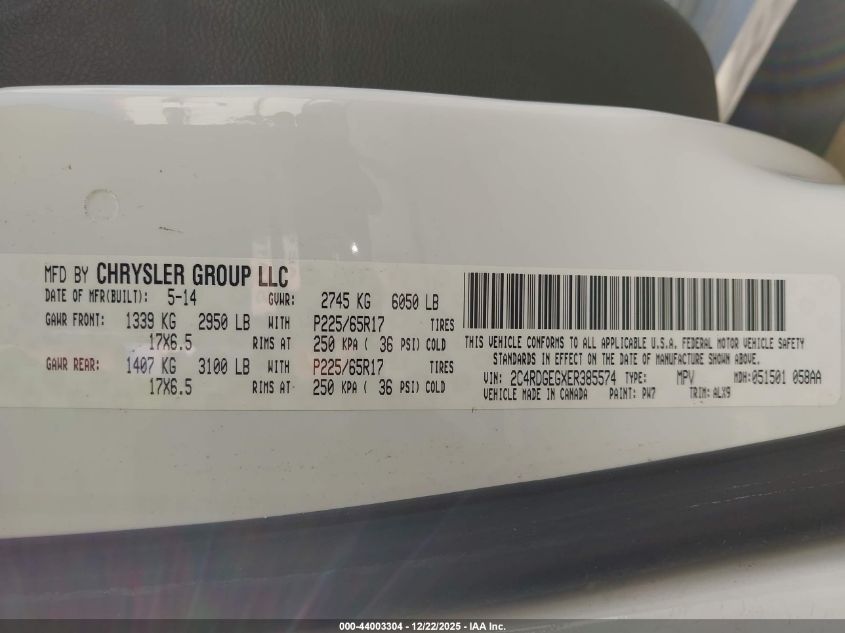 2014 Dodge Grand Caravan R/T VIN: 2C4RDGEGXER385574 Lot: 44003304