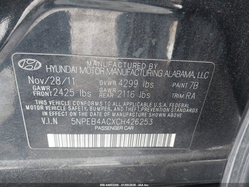 2012 Hyundai Sonata 2.4 Gls black Lot 111044003308 Vin 5NPEB4ACXCH426253