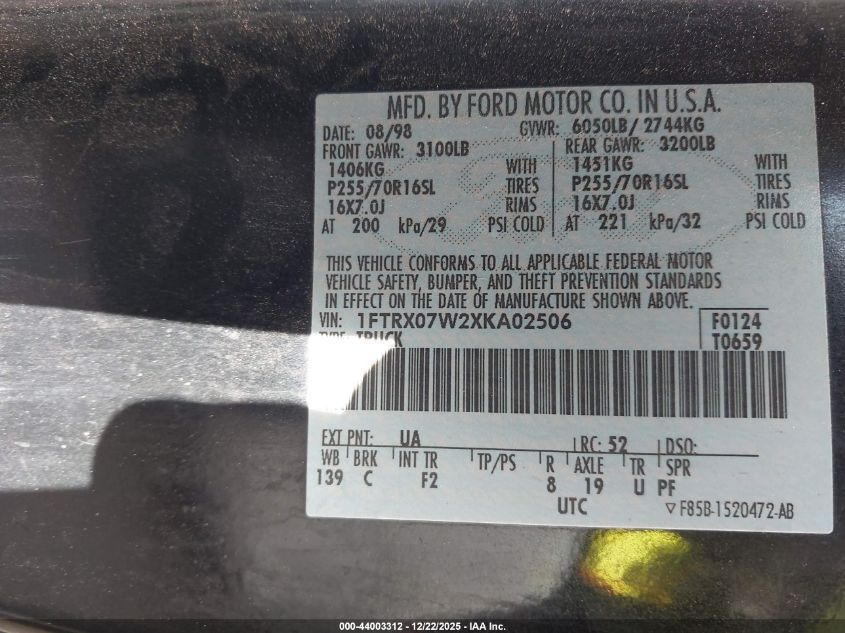1999 Ford F-150 Lariat/Work Series/Xl/Xlt VIN: 1FTRX07W2XKA02506 Lot: 44003312