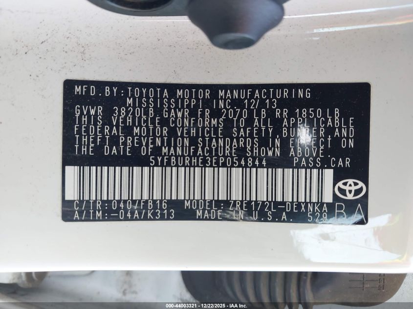 2014 Toyota Corolla Le Plus VIN: 5YFBURHE3EP054844 Lot: 44003321