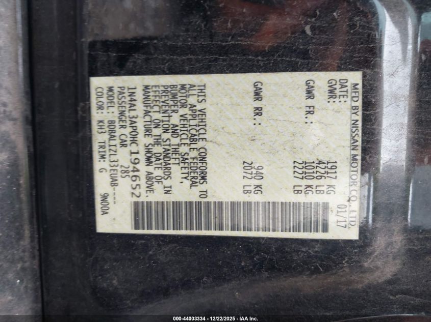 2017 Nissan Altima 2.5 Sv VIN: 1N4AL3AP0HC194652 Lot: 44003334