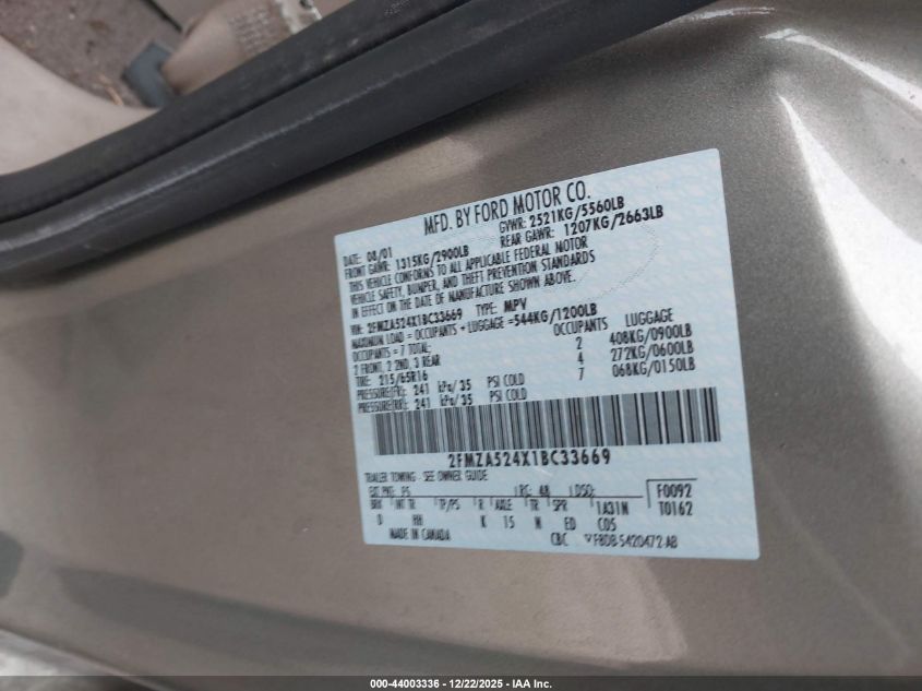 2001 Ford Windstar Se VIN: 2FMZA524X1BC33669 Lot: 44003336