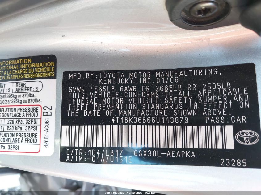 2006 Toyota Avalon Limited VIN: 4T1BK36B66U113879 Lot: 44003337