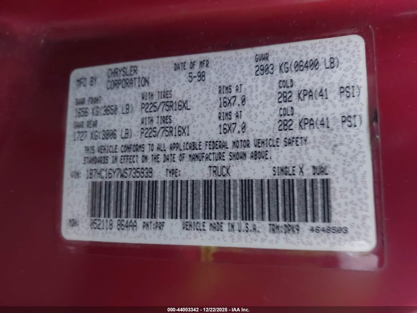1B7HC16Y7WS735939 1998 DODGE RAM photo no. 9
