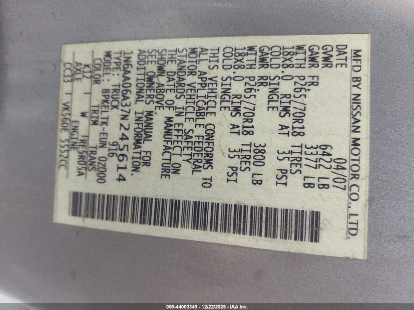 2007 Nissan Titan Se VIN: 1N6AA06A37N245614 Lot: 44003349