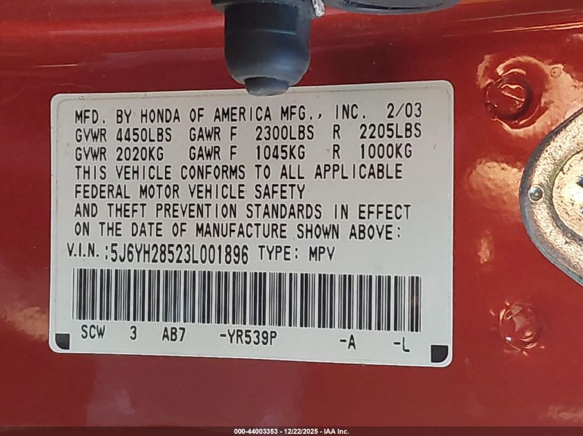 2003 Honda Element Ex VIN: 5J6YH28523L001896 Lot: 44003353