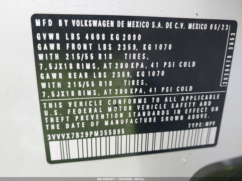 VIN 3VVVX7B29PM355895 2023 VOLKSWAGEN TAOS 1.5T SE