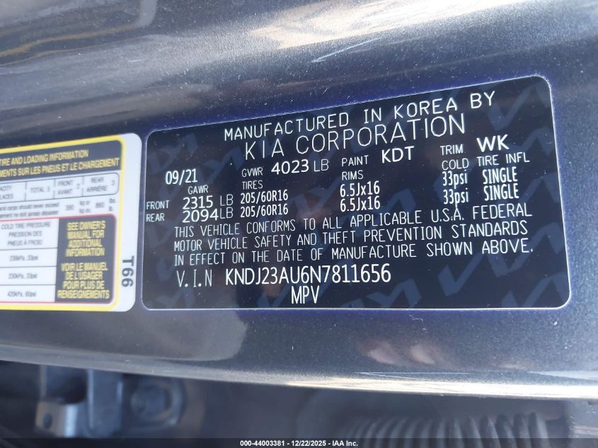 2022 Kia Soul Lx VIN: KNDJ23AU6N7811656 Lot: 44003381