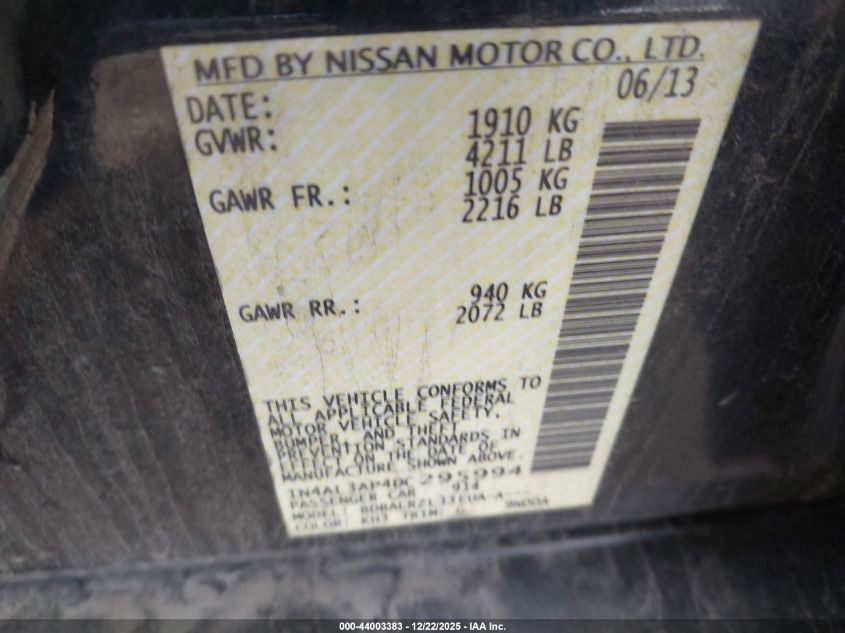 2013 Nissan Altima 2.5 S VIN: 1N4AL3AP4DC295994 Lot: 44003383