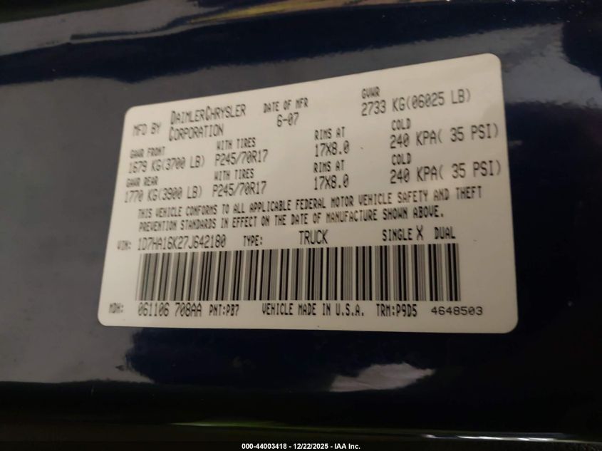 2007 Dodge Ram 1500 St VIN: 1D7HA16K27J642180 Lot: 44003418