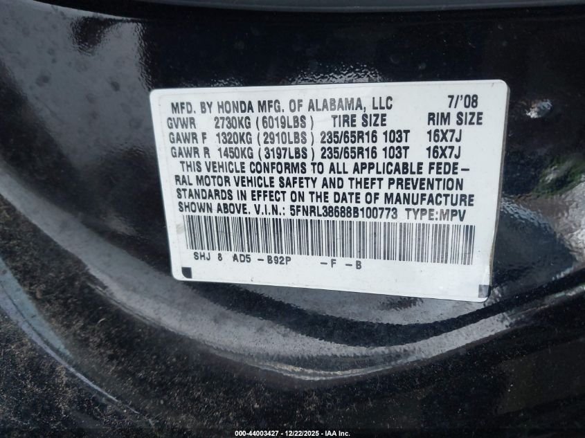 2008 Honda Odyssey Ex-L VIN: 5FNRL38688B100773 Lot: 44003427