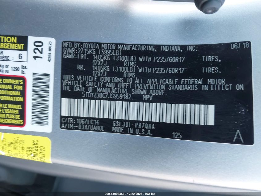 2018 Toyota Sienna Xle 8 Passenger VIN: 5TDYZ3DC7JS959182 Lot: 44003453