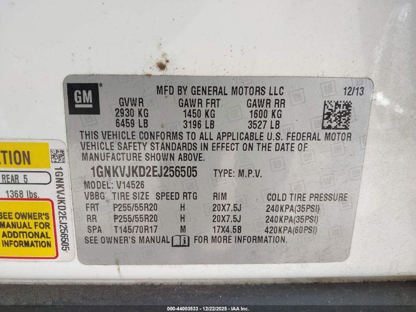 2014 Chevrolet Traverse Ltz VIN: 1GNKVJKD2EJ256505 Lot: 44003533