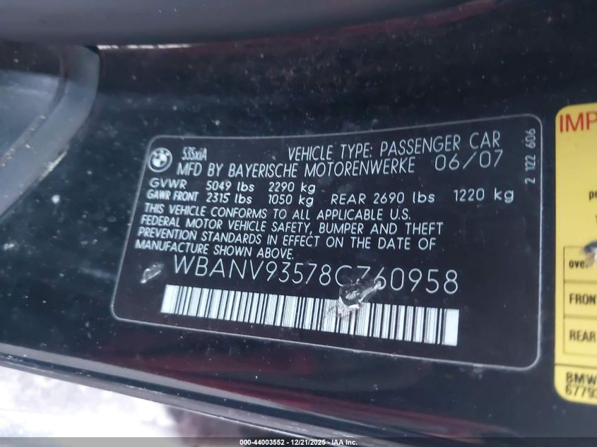 2008 BMW 535Xi VIN: WBANV93578CZ60958 Lot: 44003552