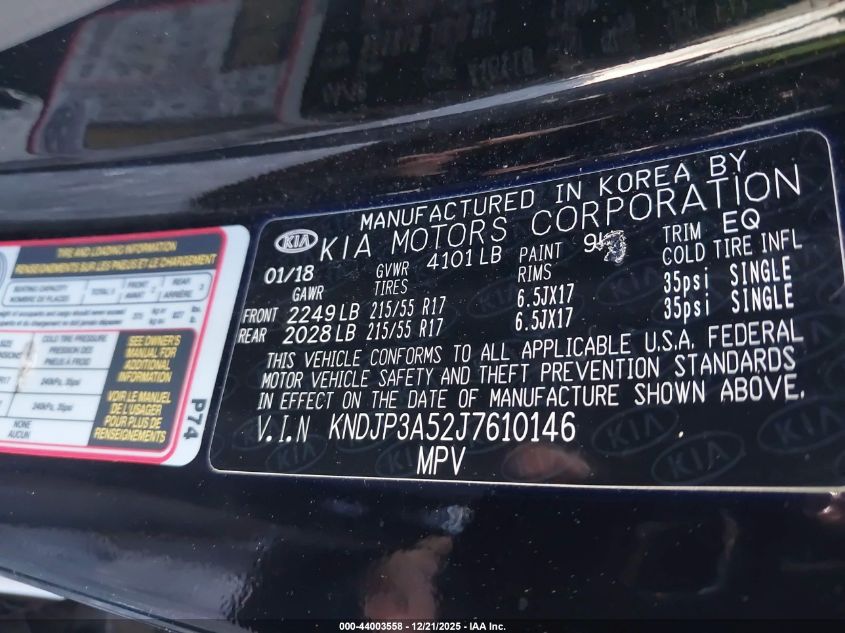 2018 Kia Soul + VIN: KNDJP3A52J7610146 Lot: 44003558