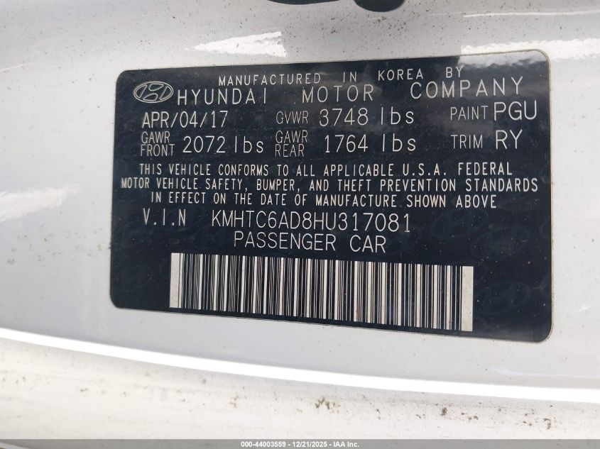 2017 Hyundai Veloster VIN: KMHTC6AD8HU317081 Lot: 44003559