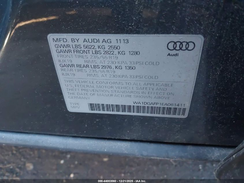 2014 Audi Q5 3.0T Premium Plus VIN: WA1DGAFP1EA061411 Lot: 44003560