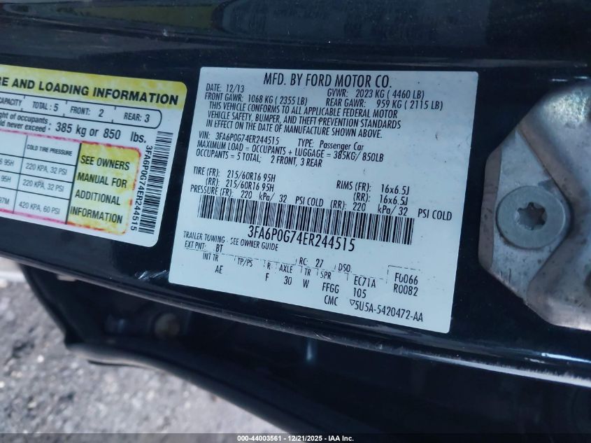 2014 Ford Fusion S VIN: 3FA6P0G74ER244515 Lot: 44003561