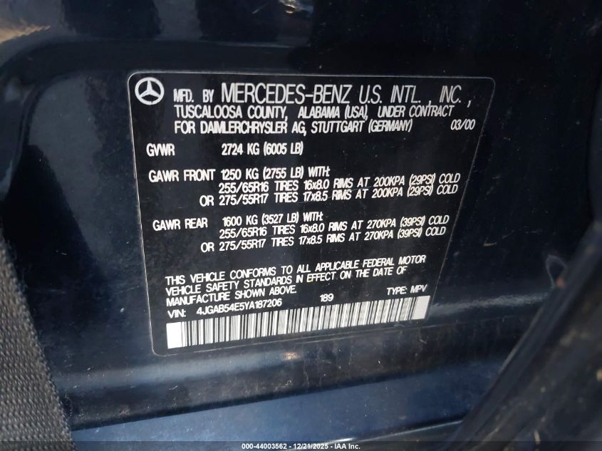 2000 Mercedes-Benz Ml 320 VIN: 4JGAB54E5YA187206 Lot: 44003562