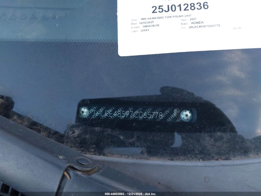 2007 Honda Cr-V Ex VIN: JHLRE48597C065778 Lot: 44003563