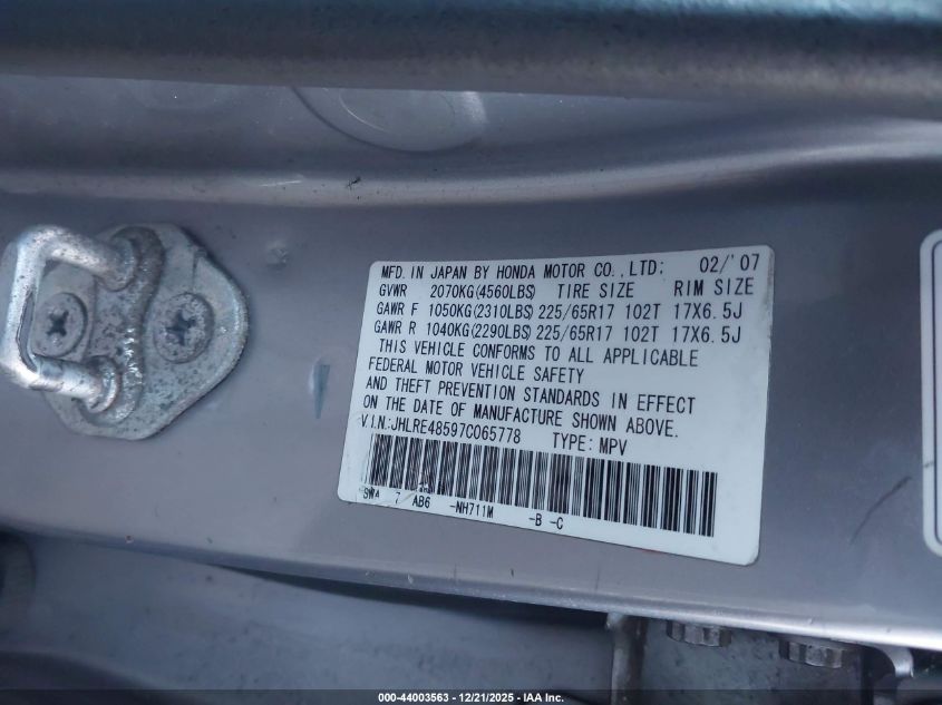 2007 Honda Cr-V Ex VIN: JHLRE48597C065778 Lot: 44003563