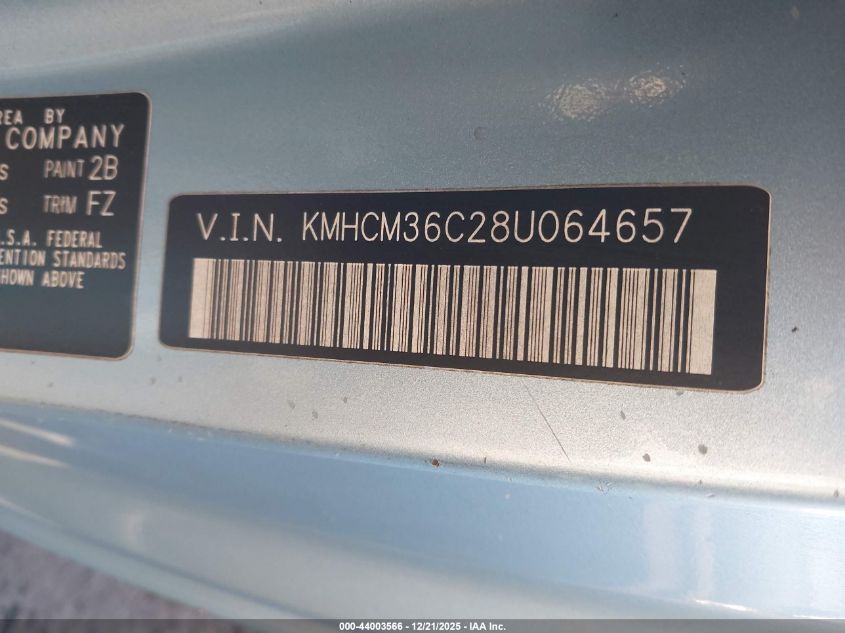 2008 Hyundai Accent Gs VIN: KMHCM36C28U064657 Lot: 44003566