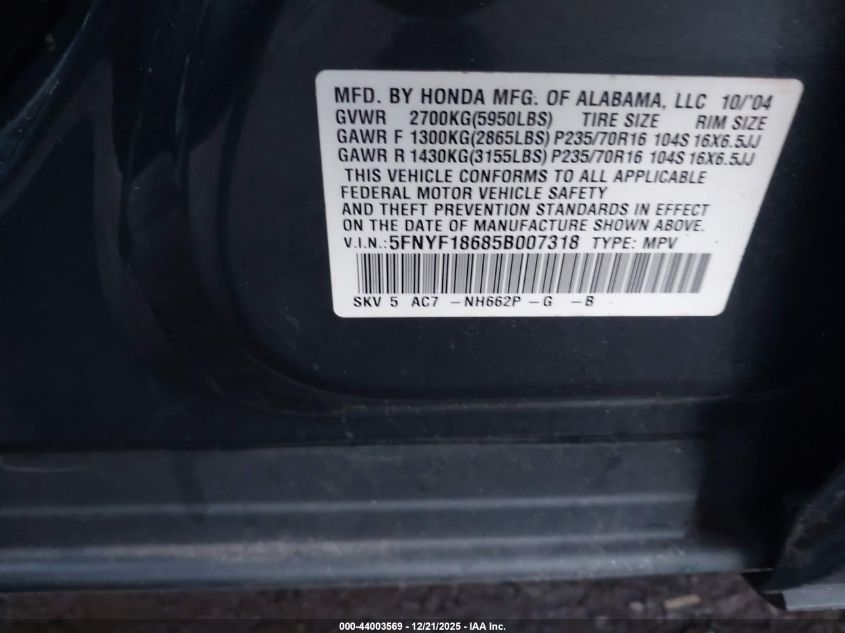 2005 Honda Pilot Ex-L VIN: 5FNYF18685B007318 Lot: 44003569