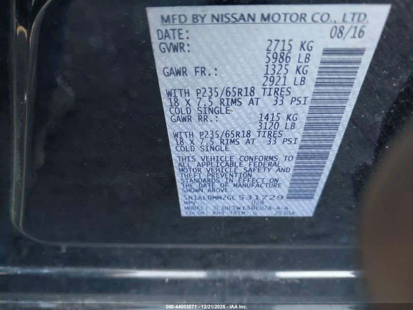 2016 Infiniti Qx60 VIN: 5N1AL0MM2GC531729 Lot: 44003571