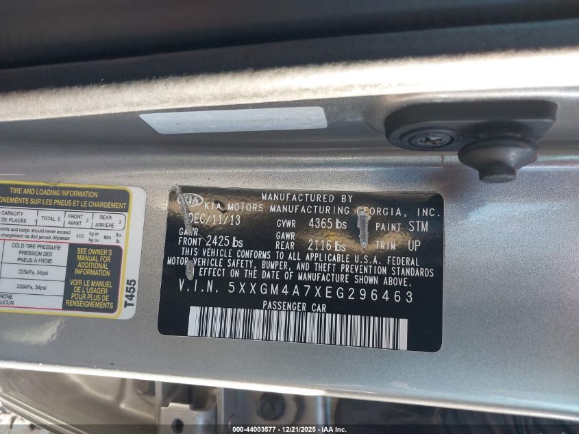 2014 Kia Optima Lx VIN: 5XXGM4A7XEG296463 Lot: 44003577