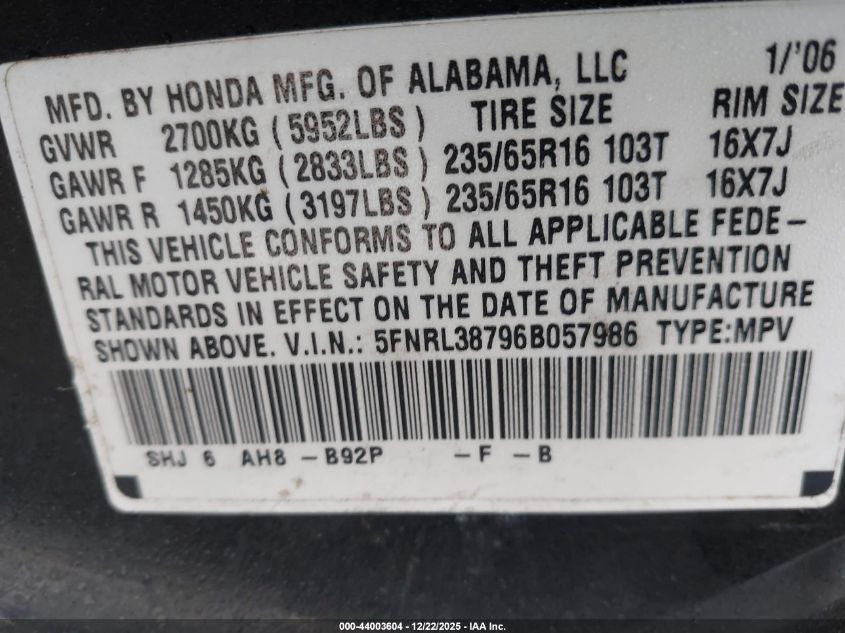 2006 Honda Odyssey Ex-L VIN: 5FNRL38796B057986 Lot: 44003604