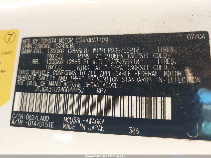 2004 Lexus Rx 330 VIN: JTJGA31U940044452 Lot: 44003617