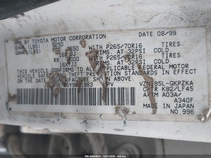 2000 Toyota 4Runner Limited V6 VIN: JT3HN87R6Y9031983 Lot: 44003623