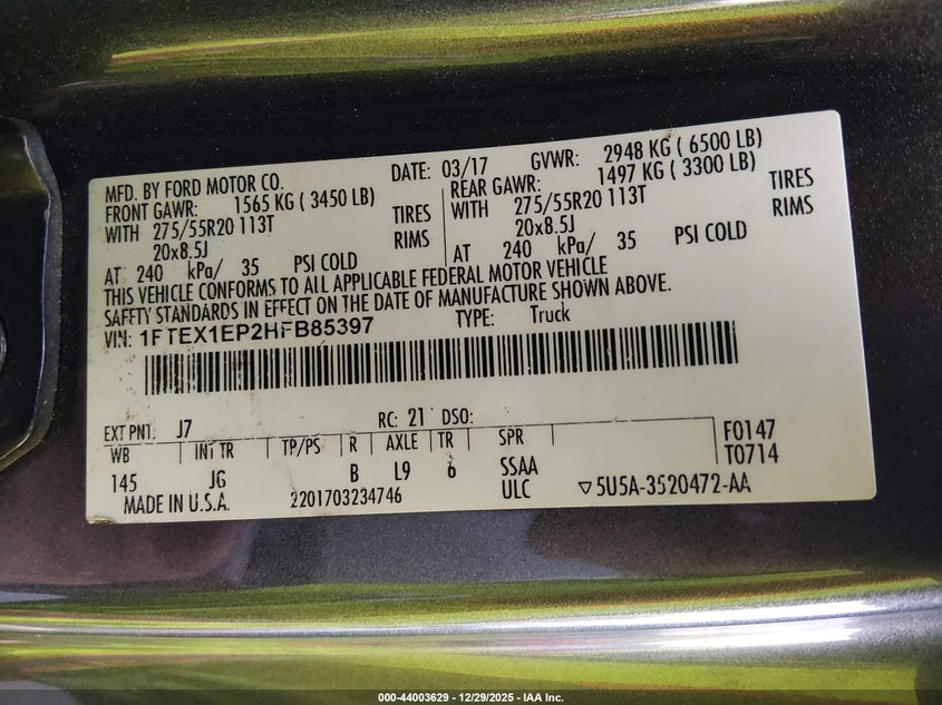 VIN: 1FTEX1EP2HFB85397 2017 FORD F-150 XL