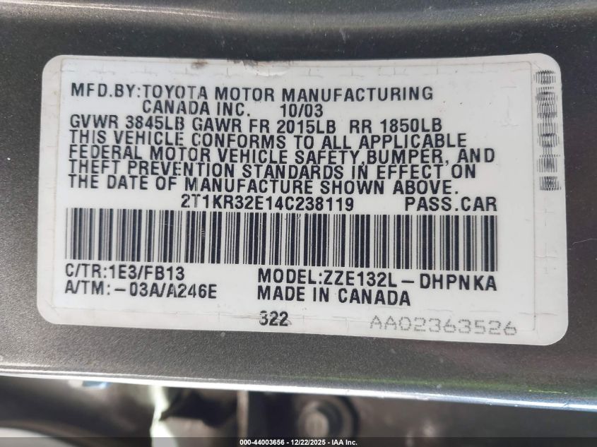 2004 Toyota Matrix Xr VIN: 2T1KR32E14C238119 Lot: 44003656