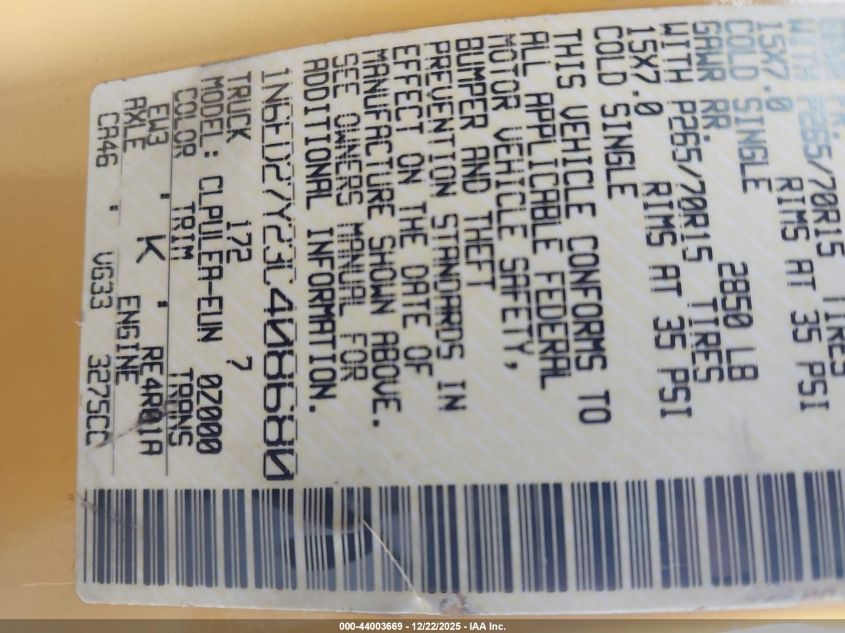 2003 Nissan Frontier Xe-V6 VIN: 1N6ED27Y23C408680 Lot: 44003669