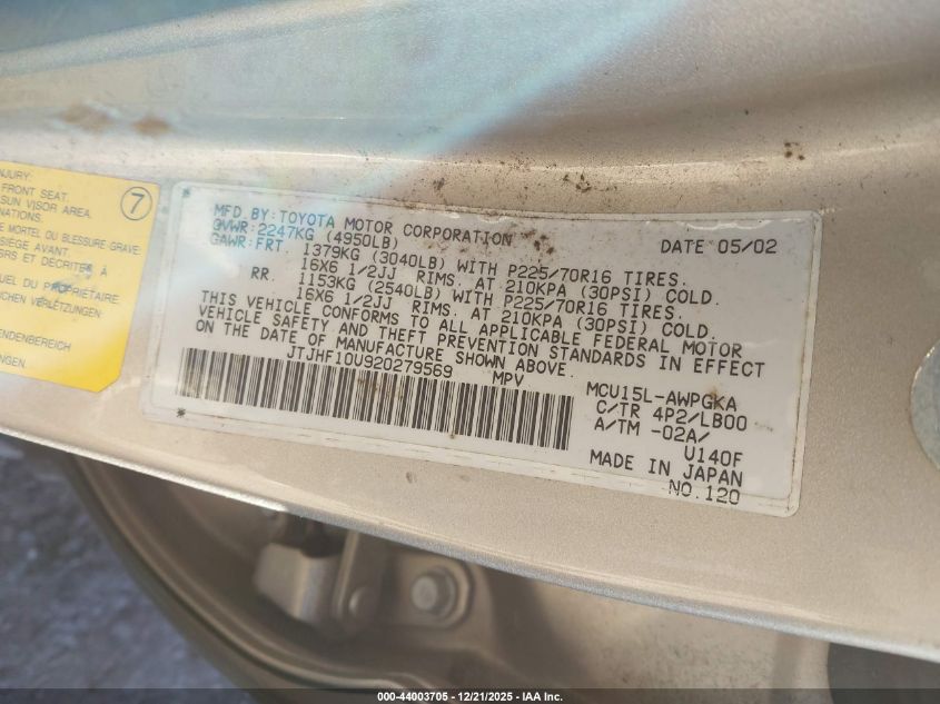 2002 Lexus Rx 300 VIN: JTJHF10U920279569 Lot: 44003705