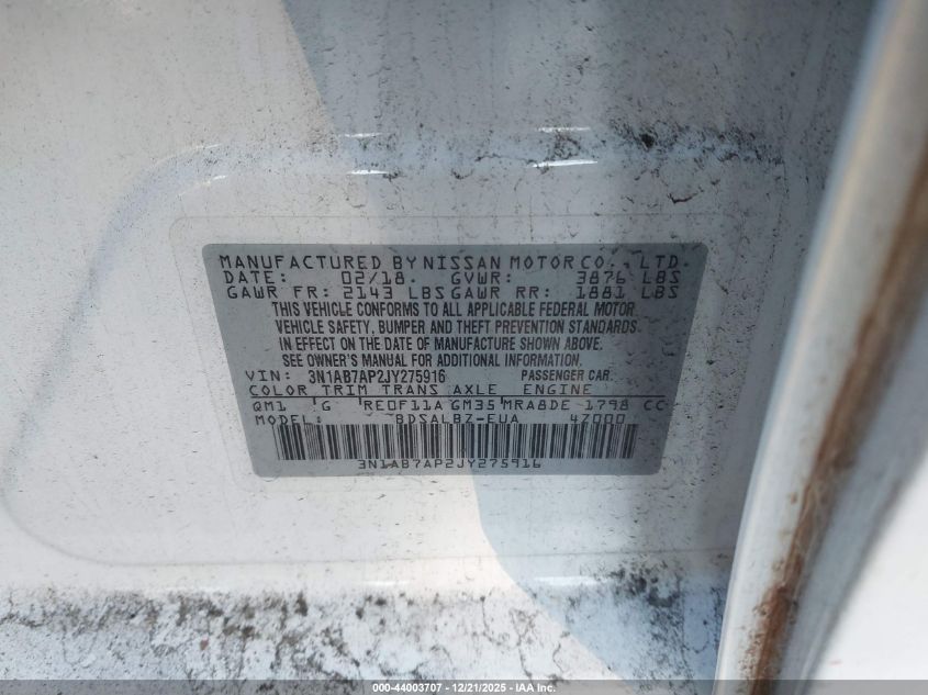 2018 Nissan Sentra S VIN: 3N1AB7AP2JY275916 Lot: 44003707