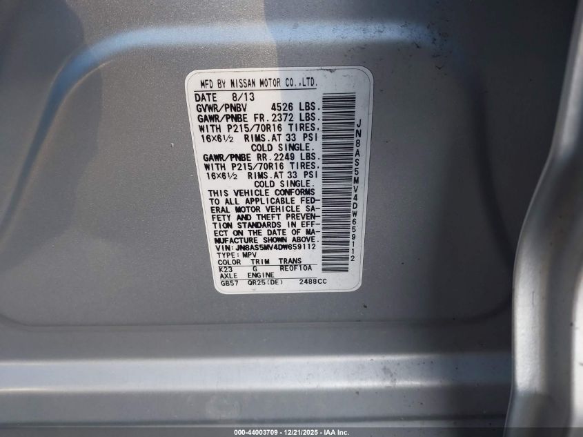 2013 Nissan Rogue S VIN: JN8AS5MV4DW659112 Lot: 44003709