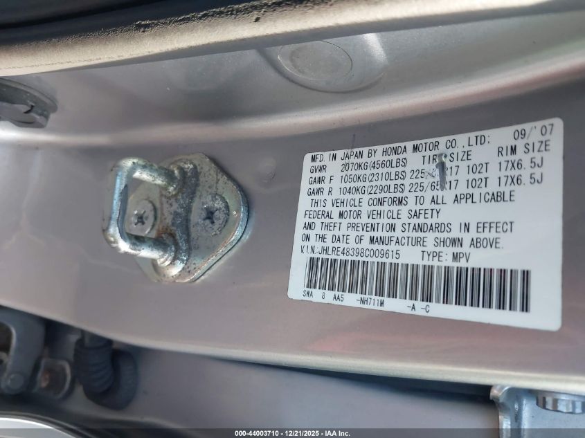 2008 Honda Cr-V Lx VIN: JHLRE48398C009615 Lot: 44003710