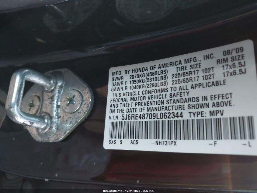 2009 Honda Cr-V Ex-L VIN: 5J6RE48709L062344 Lot: 44003711