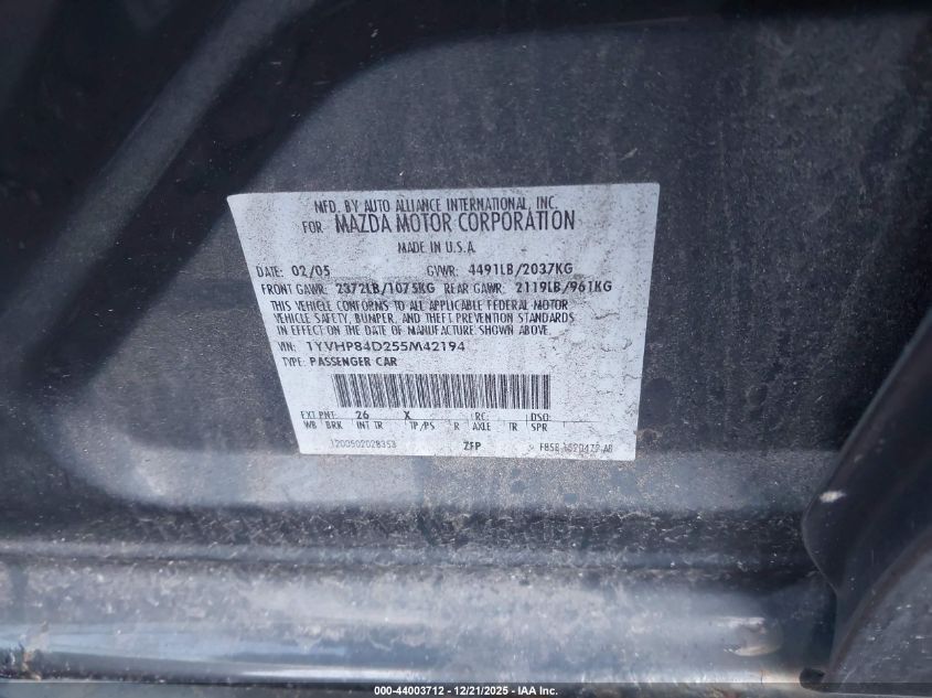2005 Mazda Mazda6 S Sport VIN: 1YVHP84D255M42194 Lot: 44003712