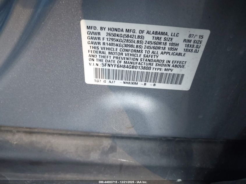 2016 Honda Pilot Ex-L VIN: 5FNYF6H84GB013800 Lot: 44003715