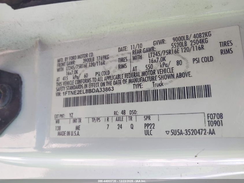 2011 Ford E-250 Commercial VIN: 1FTNE2EL8BDA33863 Lot: 44003720
