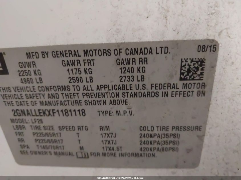 2015 Chevrolet Equinox L VIN: 2GNALLEKXF1181118 Lot: 44003728