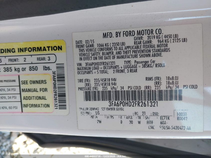 2015 Ford Fusion Se VIN: 3FA6P0HD2FR261321 Lot: 44003735